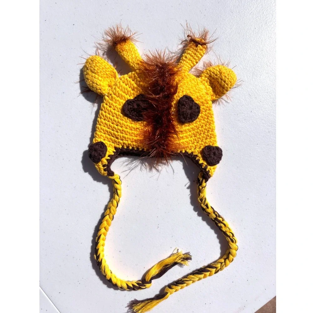 Newborn Giraffe Crochet Beanie Kids One Size Yellow Good Braided Earflap Hat